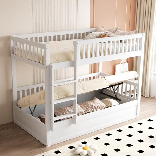 Trdlpyn Letto a Castello per Bambini 90 * 200cm con sistema di Stoccaggio Idraulico, Letto Matrimoniale Contenitore con Rete a Doghe in Legno, Bianco