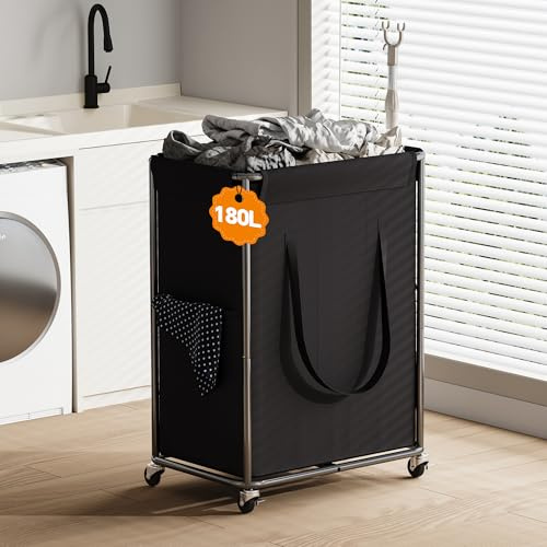 Homeiju 180L Large Laundry Hamper with Wheels, Rolling Laundry Basket with Metal Frame and Removable Bag Design, Dirty Clothes Laundry Cart for Bathroom, Dorm Room, Laundry Room, Black