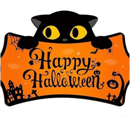UrbanHui Panneau de porte d'Halloween en bois avec chat noir - Décoration de vacances - Plaque de bienvenue pour porte d'entrée - Décoration festive à suspendre au mur