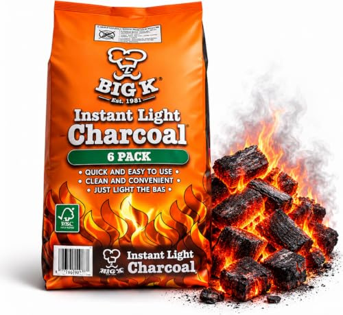 BIG K Instant Light Lumpwood Charcoal Bags – 6 x 1kg | Easy-to-Light BBQ Charcoal | Instant Lighting Coals for Barbecue, Grill & Fire Pit | Mess-Free, No Firelighters Needed