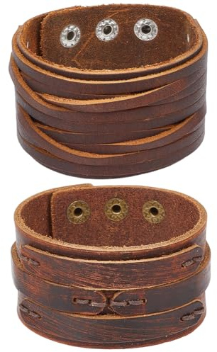 CALFOVERA 2 Pezzo di Bracciale Largo in Vera Pelle per Uomo 2 Stili Vintage Punk Cinturino Avvolgente in Pelle Bovina Regolabile Braccialetto Gotico per Uomo e Donna da Indossare Ogni Giorno Festa C