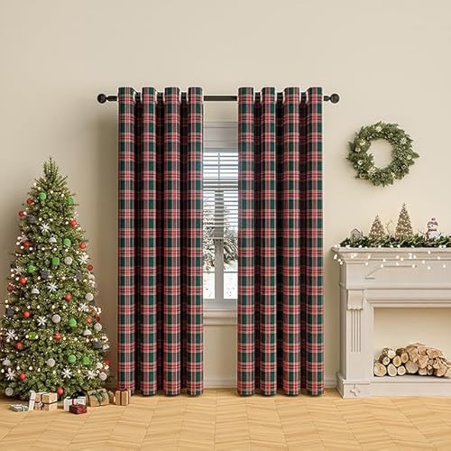 Rosnek Eyelet Curtains, W52''xH63'' Tartan Curtains for Living Room Bedroom, Eyelet Thermal Semi-Shading Blackout in Striped Curtain, Soft Decorative Woven Check(Red & Green Plaid, 2 Pieces)