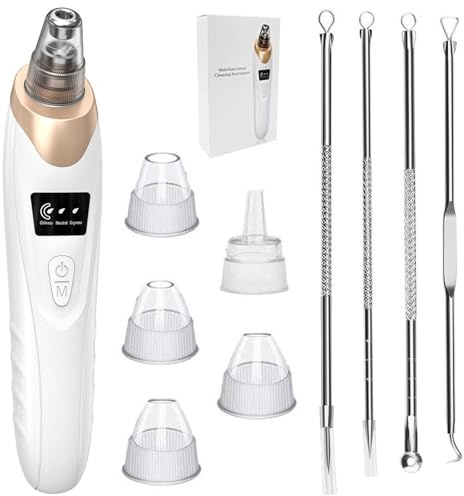 Aspirateur de points noirs avec 3 modes de puissance d'aspiration - Outil de retrait de points noirs avec 5 têtes d'aspiration et kit d'aiguille à acné, aspirateur de pores pour le visage, extracteur