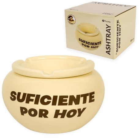 Fisura – Cenicero de viento con mensaje “suficiente por hoy”. Cenicero original de cerámica con tapa. Cenicero de mesa para comedor, cocina o habitación. 11,5 cm x 7,5 cm