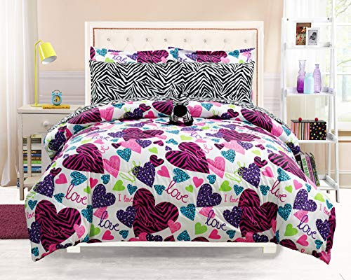 Grand Linen - Girls Kids Bedding-Misty Zebra Tween Teen Dream Bed in A Bag. Twin Size Comforter Set, Sheet Set and Plush Zebra Included-Love, Hearts-Hot Pink, Turquoise Blue, Purple, Black and White