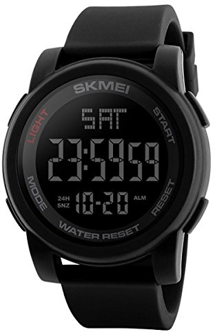 SKMEI Män och tonåringar stor display digital klocka 50 vattentålig hartsrem stoppur larm nedräkningstimer tuff DG1257, Svart, Standard Adult, armband