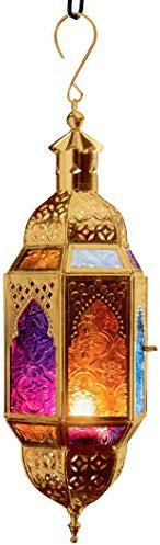Purity Hängelaterne für Teelichter im marokkanischen Stil, mehrfarbiges Glas und goldfarbenes Metall, klein, 10 x 8,5 x 29,5 cm