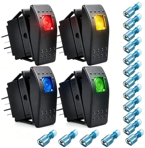 Gebildet 4pcs 12V/20A, 24V/10A Impermeabile Interruttore a Bilanciere, ON-OFF Interruttore a Levetta per Barche Marine (Rosso, Giallo, Blu, Verde)+16pcs Terminale(6.3mm)