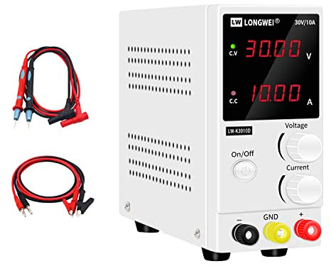 LONGWEI Fuentes de Alimentacion Regulables, 30V 10A Fuente de Alimentación Regulable conmutación ajustable digital, Fuente de Alimentacion laboratorio ,con pinzas cocodrilo electronica,cable de prueba