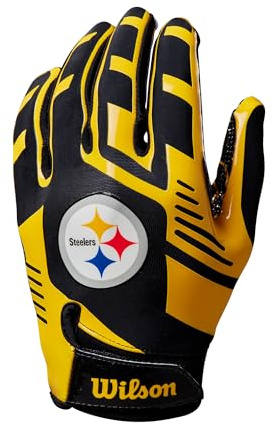 Wilson AD NFL Stretch Fit Football-Handschuhe, Hervorragende Passform und sicherer Grip, Aus atmungsaktivem Material, Optimale Performance, Team: Pittsburgh Steelers, Schwarz/Gelb, Erwachsenengröße