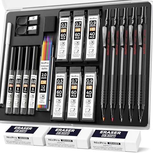 Nicpro 5 st svart metall mekaniskt pennset med fodral, med utarbetande blypenna 0,5, 0,7, 0,9 mm, 2 st 2 mm (4B 2B HB 2H), 10 rör blypåfyllningar, pennvässare, radergummi för att skriva, rita, skissa