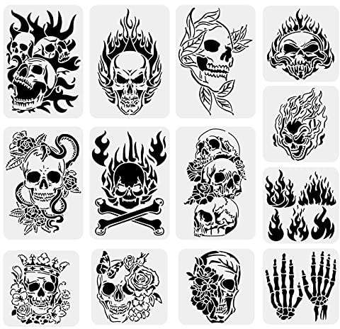BENECREAT 13 STÜCKE Halloween-Themen-Zeichnungsschablonen, Totenkopf, Flamme, Gruseliger Stil, Schablone Für Die Scrabooking-Kartenherstellung, Wand Bodenkunst, Festivaldekoration