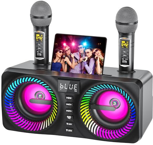 Musyvocay Sistema de Karaoke Portátil, 30W Altavoz Bluetooth Multifuncional con 2 Micrófonos UHF Inalámbricos y Ranuras Recargables, Karaoke Completa para Amigos en Casa