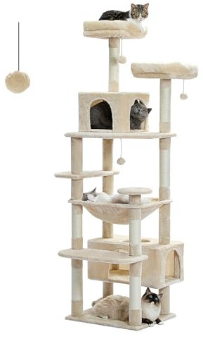 PAWZ Road Cat Tree for Large Cats 184cm, 6.1ft Large Cat Tower with Sisal-Covered Scratching Posts and Pads, 2 Padded Perch, Dual Condo and Basket for Indoor Cats-Beige, 72.4 Inches