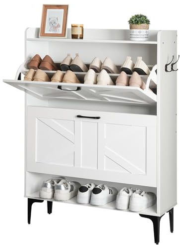 MAHANCRIS Schuhschrank schmal, Schuhkipper mit 2 Klappen, Schuhregal, Verstellbar, Schuhkommode mit Metallfüßen, 80 x 24 x 110 cm, Schuhaufbewahrung für Diele, Flur, Garderobe, Weiß ASHWT9401