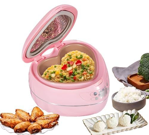 Rosa hjärta riskokare, 6 koppar tillagade, Multicooker 1,8 L löstagbar nonstick-gryta, Håll varm Slow Cooker för soppor, grytor, spannmål och havregryn, kakor, gröt