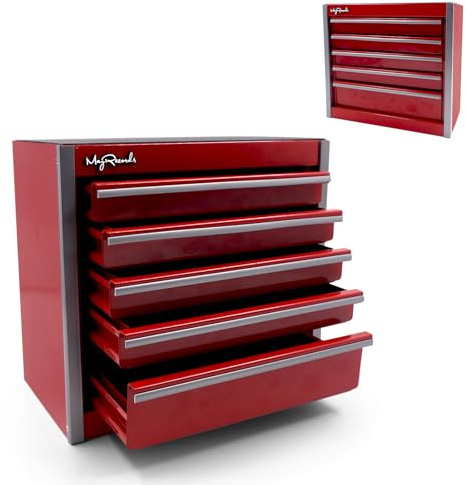 Boîte à outils portable en métal avec 5 tiroirs, petite boîte de rangement multifonction avec compartiments pour le rangement des outils et les organiseurs, bricolage à domicile (rouge)