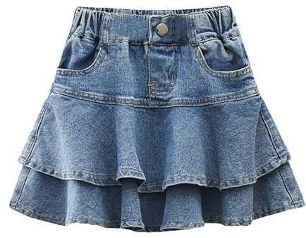 TIBE PINCESS Girls Denim Skirt Summer Vintage Mini Flared Pleated Kids Skirt Shorts Children Tutu Skirt Jean Skorts Deep Blue Size 7-8T