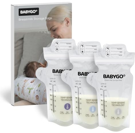 BABYGO® Disposable Breast Milk Storage Bags – BPA-Free, Leak-Proof, Pre-Sterilised Breastmilk Storage Pouches with Temperature Sensor, Easy Pour Spout & Labels, Freezer & Fridge Safe (100 Pack)