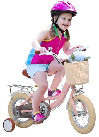 Kids Bike for Girls Ages 2-9 Years Old, 12 Inch Kids Bike with Training/Assist Wheels, Height Adjustable Doll Seat, Streamers and Basket, Boys Girls Bike, Pink