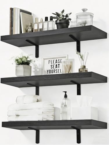 Easy Install Shelves for Wall with Brackets, NOT Floating,15.7 Inch Wall Mounted Wood Hanging Shelf for Home Decor,Book &Storage, Photo Corner Shelf,Small Organizer for Bedroom,Bathroom,Set of 3,Black