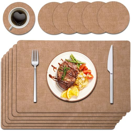 Purejoy placemats table mats place mats table mats and coasters set of 6 wipeable placemats - PU Leather Set, Heat Resistant 120°C, Non-Slip Easy Clean 43×30cm for Dining Table, Mud Brown