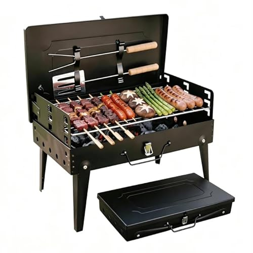 Barbecue a carbonella pieghevole in formato valigia, piccolo barbecue da tavolo portatile con griglia e accessori, barbecue compatto in acciaio inossidabile per la casa, il campeggio e i picnic