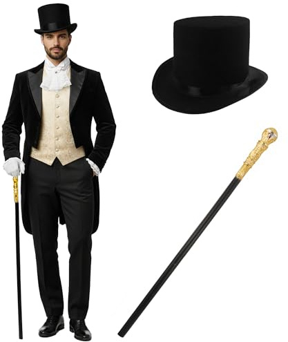Makii Victorian Style Top Hat and Cane Set For Adults & Kids - Black Top Hat Fancy Dress 1970's Gangster Costume Pimp Staff For World Book Day Week Costumes