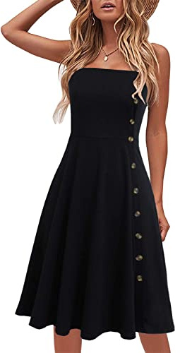 Liyinxi Sexy Strapless Spaghetti Straps Button Down Knee Length Backless Summer Vacation Rockabilly Swing Black Sundress