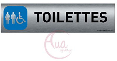 AUA SIGNALETIQUE - Plaque de porte Aluminium brossé imprimé AluSign - 200x50 mm - Double Face adhésif au dos - Impression UV directement sur l'aluminium (Pas de contre collage) (Toilettes mixtes)