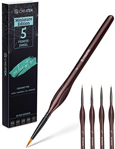 CreaTek - 5 extra feine Pinsel Acryl für höchste Präzision & Details | Premium Bi-Nylon Technologie - Künstlerpinsel Miniatur Pinsel Set, Modellbau & Malen nach Zahlen Pinsel