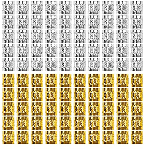 Beayuer 100 Pieces Hair Jewelry Rings Hair Decorations, Aluminum Dreadlocks beads Metal Cuffs, Including 50 Pcs Gold and 50 Pcs Silver Hair Decorations Rings Clips (100 Pcs, 50 Gold, 50 Silver)