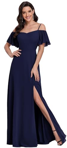 Ever-Pretty Vestido de Fiesta Largo para Mujer Abertura A-línea Fuera del Hombro de Tirante Manga Volantes Azul Marino 42