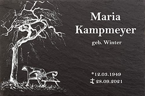 Pokal Center Westerheider Grabstein, Urnengrabstein Baum mit Bank, Naturschieferstein, 30x20cm, 100% witterungsbeständig