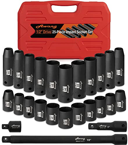 Awang 25pcs Jeu de coffret douilles à choc 1/2,10-24mm douilles à impact，3'',5'',10''barres d'extension avec 3/8'' à 1/2'' Adaptateur de clé à douille inclus