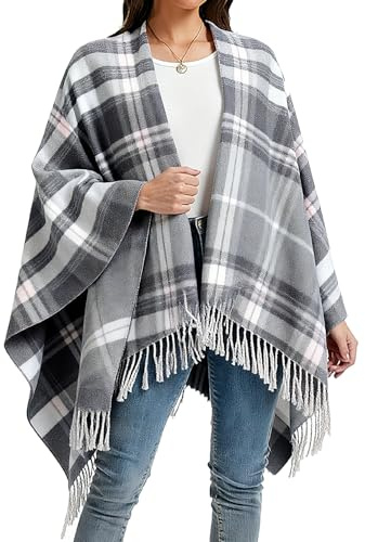 Poncho Mujer Invierno otoño Punto de Gran Tamaño Bufanda Manta Frente Abierto con Borla Diseño Envolvente Estampado a Cuadros Elegante Suéter Cardigan Suave Manta para Señoras