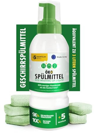 FixedNow Spülmittel 500ml mit 5 x Nachfüllbeuteln (3L-Äquivalent), Umweltfreundlich Geschirrspülmittel schaum, Handgeschirrspülmittel, 500ml Nachfüllflasche mit 5 Nachfüllwürfeln Biologisch Vegan Eco