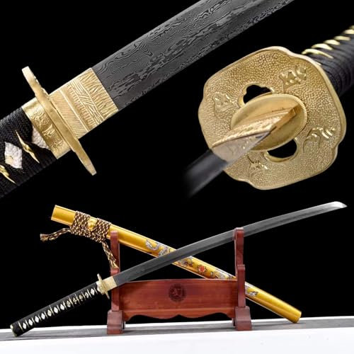 103cm goldener Drache Katana,Musterstahl Klinge,reinem Kupfer Schnitzerei Handschutz,Holzscheide mit gemalte Muster,handgefertigt Samurai-Schwert für Kendo,Iaido-Training,Geschenke,Sammlung,Cosplay