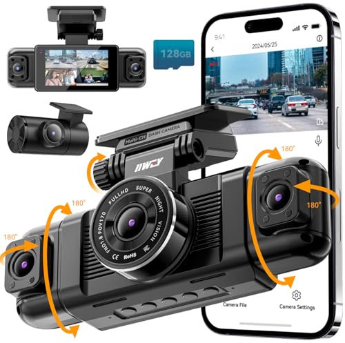 IIWEY N5 4 Channel Dash Cam, 360° All-Sides View, FHD 1080P Front and Rear Inside, Left Right Dash Camera for Cars, 8 IR Lamps, 5G WiFi & APP Control, 24H Parking Mode, G-Sensor, with a 128GB SD Card