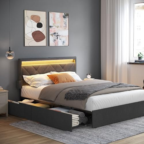 VASAGLE Lit Double, 140 x 190 cm, avec LED, en Métal, 4 Tiroirs, Multiprise, Tête de Lit Rembourrée Ajustable, Pas Besoin de Sommier, Gris Ardoise et Noir Mat RMB826G02