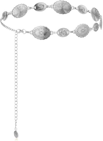 Tyqour Damen Boho Kettengürtel Western Concho Gürtel aus Metall Silber Taillenkettengürtel Cowgirl Kettengürtel für Damen Verstellbarer Cowgirl Gürtel Metallbund Länge 60cm+46cm Verlängerungskette