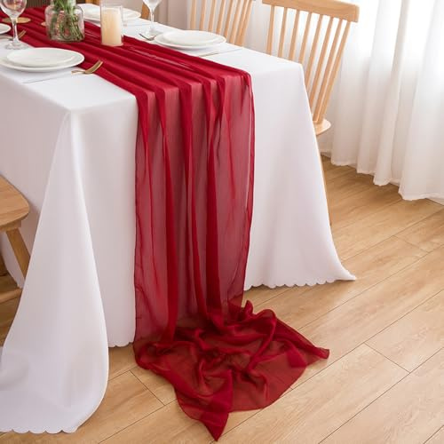 CHUQING Bordslöpare röd bröllop chiffong röd bordsduk vinröd chiffongduk tvärhänge dekorativt tyg 4 m x 70 cm löpare bord bordeauxröd