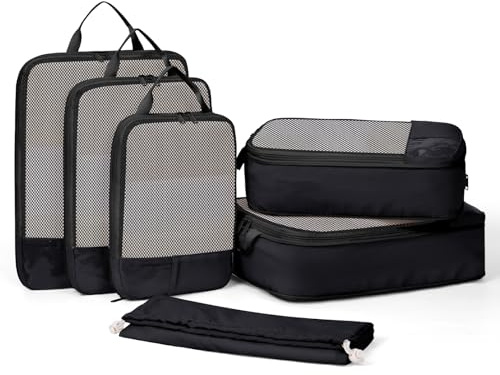 Narwey 6 Set Compression Packing Cubes for Suitcases, Travel Packing Cubes for Backpack Suitcase Organiser Bags Home Storage Shoes Bags for Carry on Hand Luggage Travel Essentials Bag (Black)