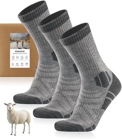 FORVEVO Calcetines de senderismo Merino para hombre y mujer, 3 pares, 60% lana, acolchados, térmicos, de invierno, calcetines deportivos para trekking al aire libre, 43-46