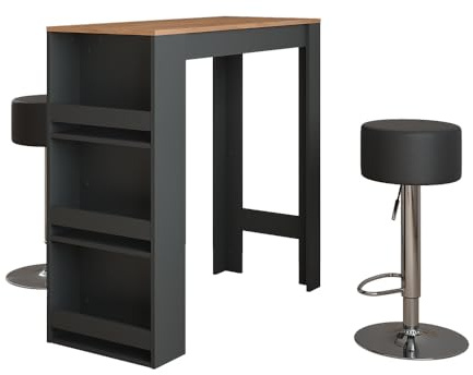 Vicco Bartisch-Set Repose, Anthrazit/Goldkraft Eiche, 45 x 110 cm mit 2 Barhockern, mit Ablagefächern zur Aufbewahrung von Küchenutensilien