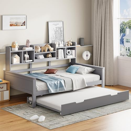 SACOOL Divano letto 90 x 200 cm in legno massello allungabile 90 x 190 cm, con vano portaoggetti e rete a doghe, in pino multifunzionale, letto singolo, grigio