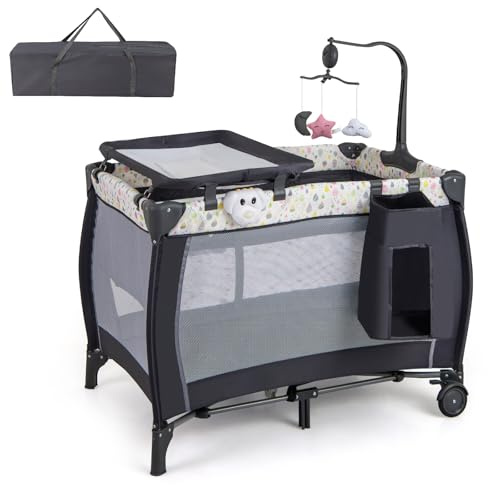GYMAX Baby Travel Cot, 3 in 1 Bassinet Bed with Changing Table, Mattress, Music Box, Toy Bar and Carrying Bag, Portable Infant Crib Activity Play Center for 0-36 Months (Dark Grey)