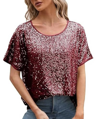 2026 Haut à paillettes pour femme - Blouse à paillettes à manches courtes - Pour les vacances, les soirées en club, rouge, S