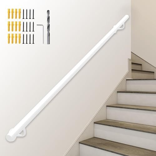 Kit de pasamanos de escalera, balaustrada montada en la pared de hierro forjado, barra de apoyo interior y exterior de tubo de 1,26 pulgadas, barandilla de escalera blanco(200cm)