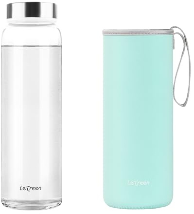 LETREEN Glass Water Bottle 1 Litre, Wide Mouth Water Bottle 1L with Neoprene Sleeve, BPA-Free Leak Proof Reusable 1000ML Drinking Bottles for Hot Cold Drinks, Work, Gym, Home